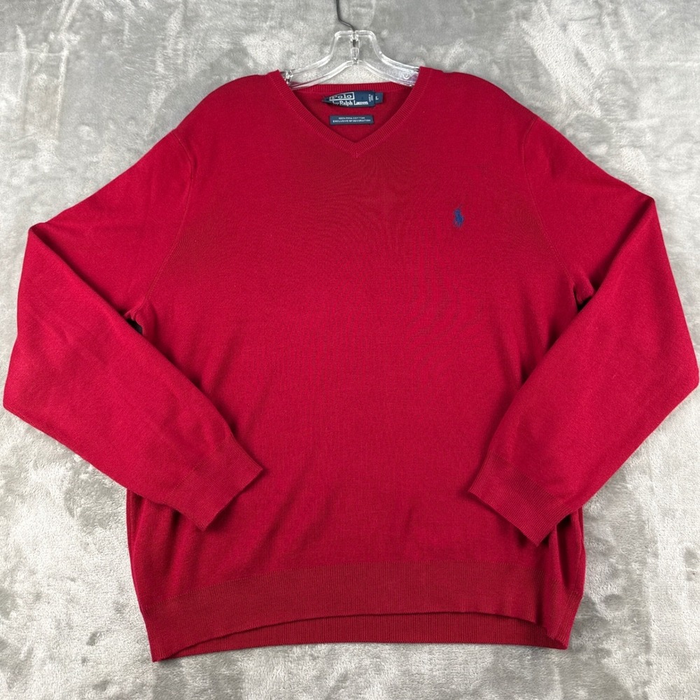 Polo Ralph Lauren Sweater Mens L V-Neck Red Pima Cotton Blue Pony EUC